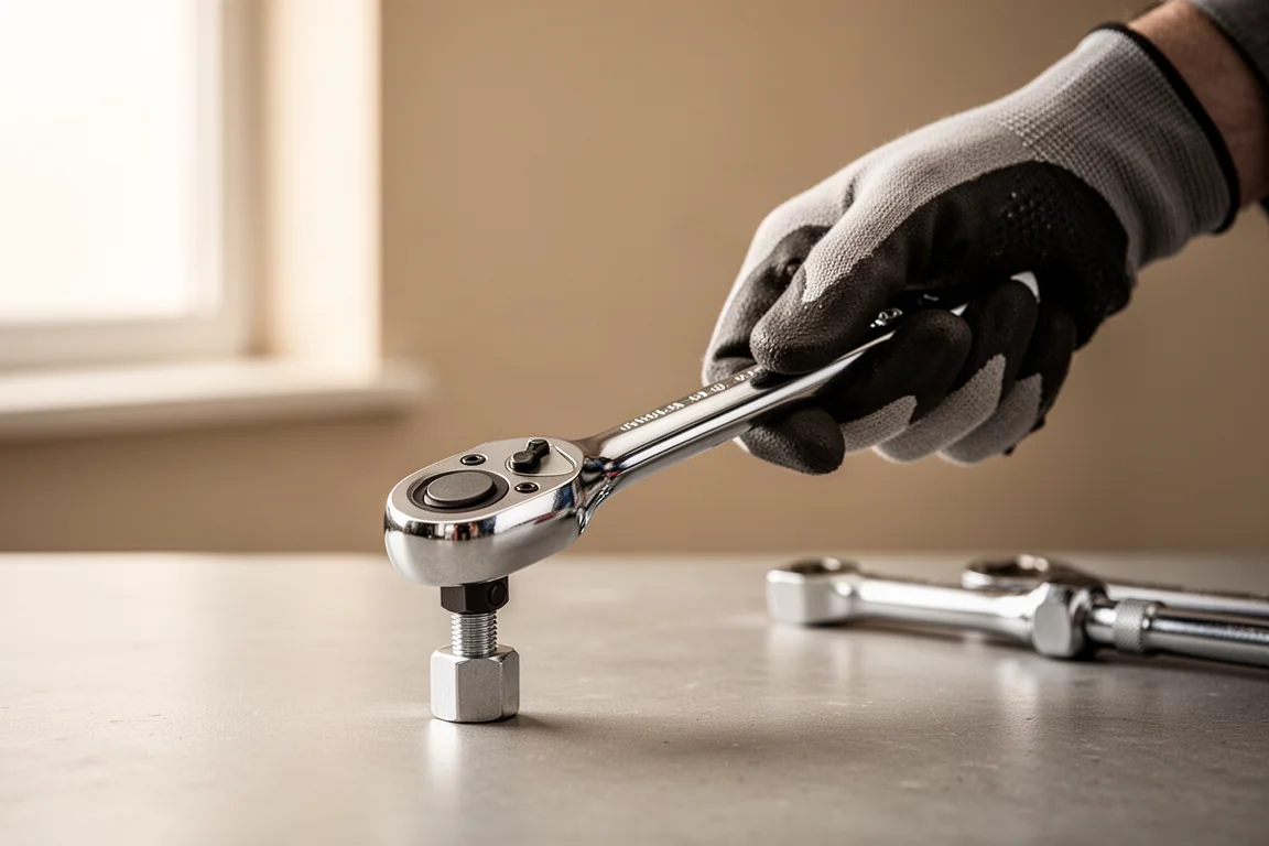 Monteur die een flex-head ratchet gebruikt op een bevestiging in zacht garagelicht