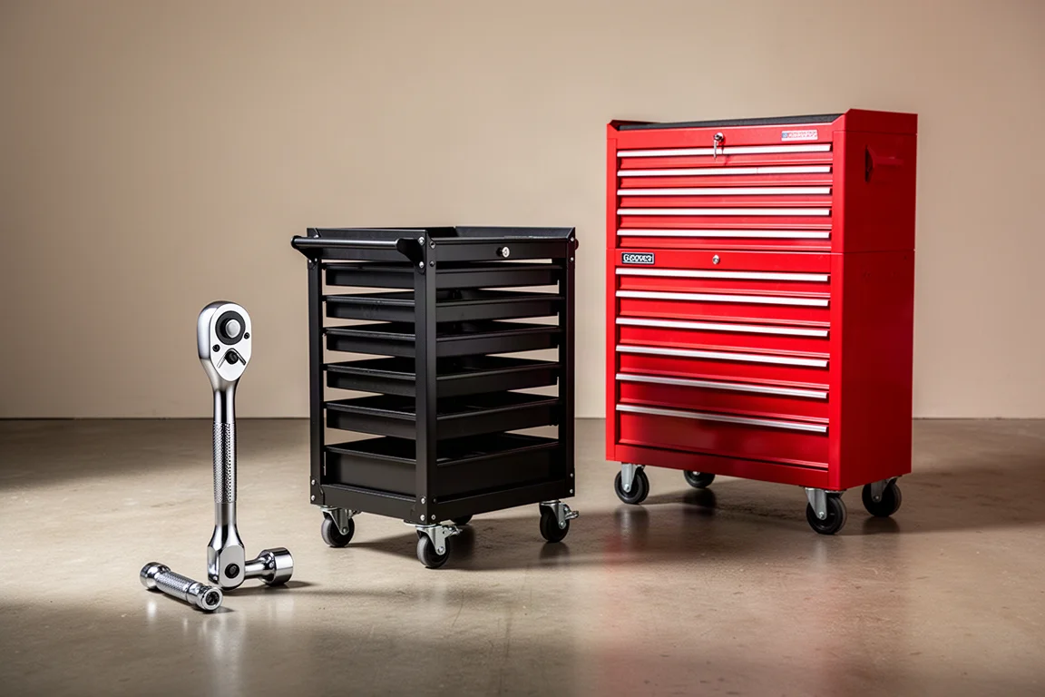 Chrome ratchet, black service cart, and red triple stack tool chest on a concrete floor