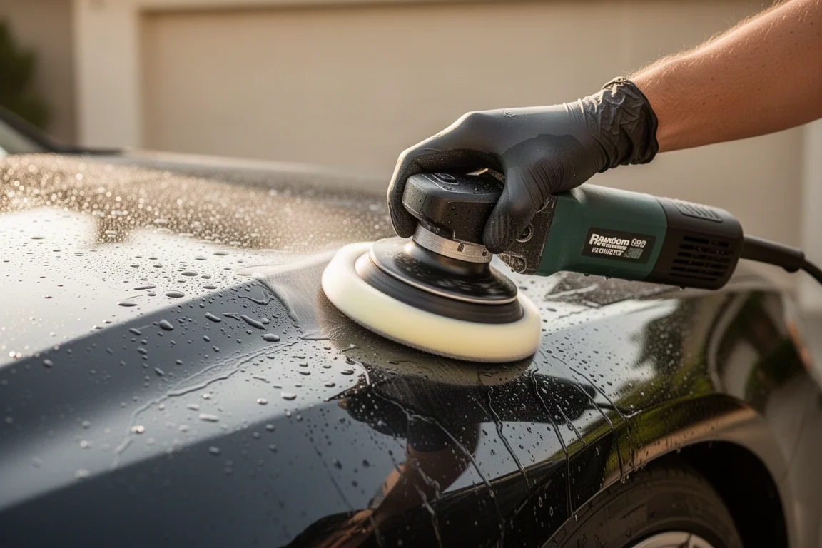 Persoon polijst een carrosserie met een excentrische polijstmachine