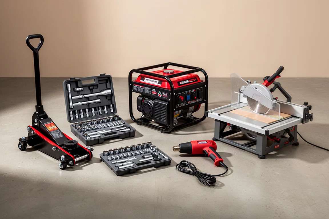 Workshop tools including a floor jack, socket set, generator, heat gun, and tile saw on concrete