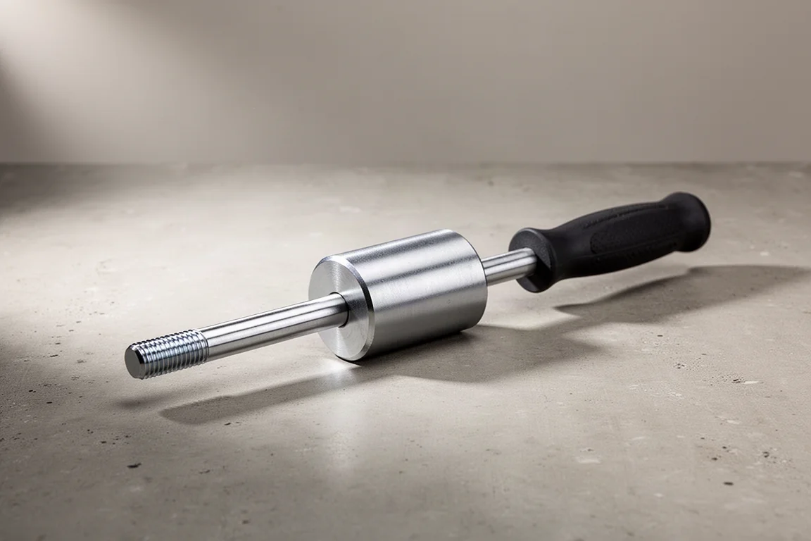 Collection of slide hammers and air pullers arranged on a concrete workbench