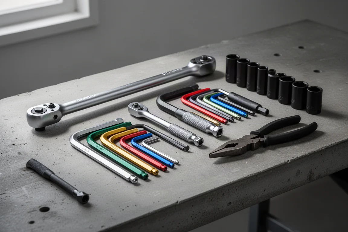 Assortment of mechanic hand tools arranged on a concrete workbench