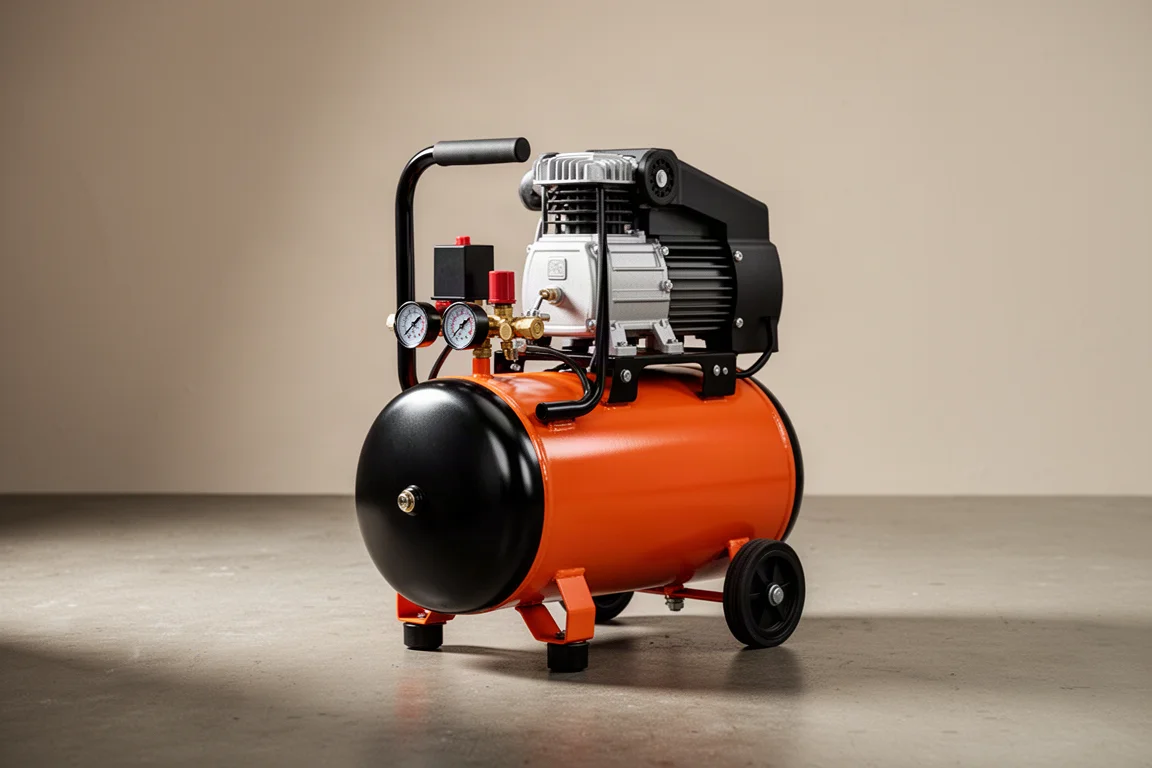 Compact orange and black pancake air compressor on a concrete workshop floor