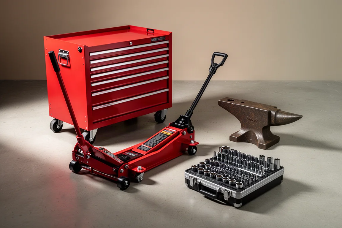 Cordless impact wrench, ratchet strap and portable air pump arranged on a garage workbench