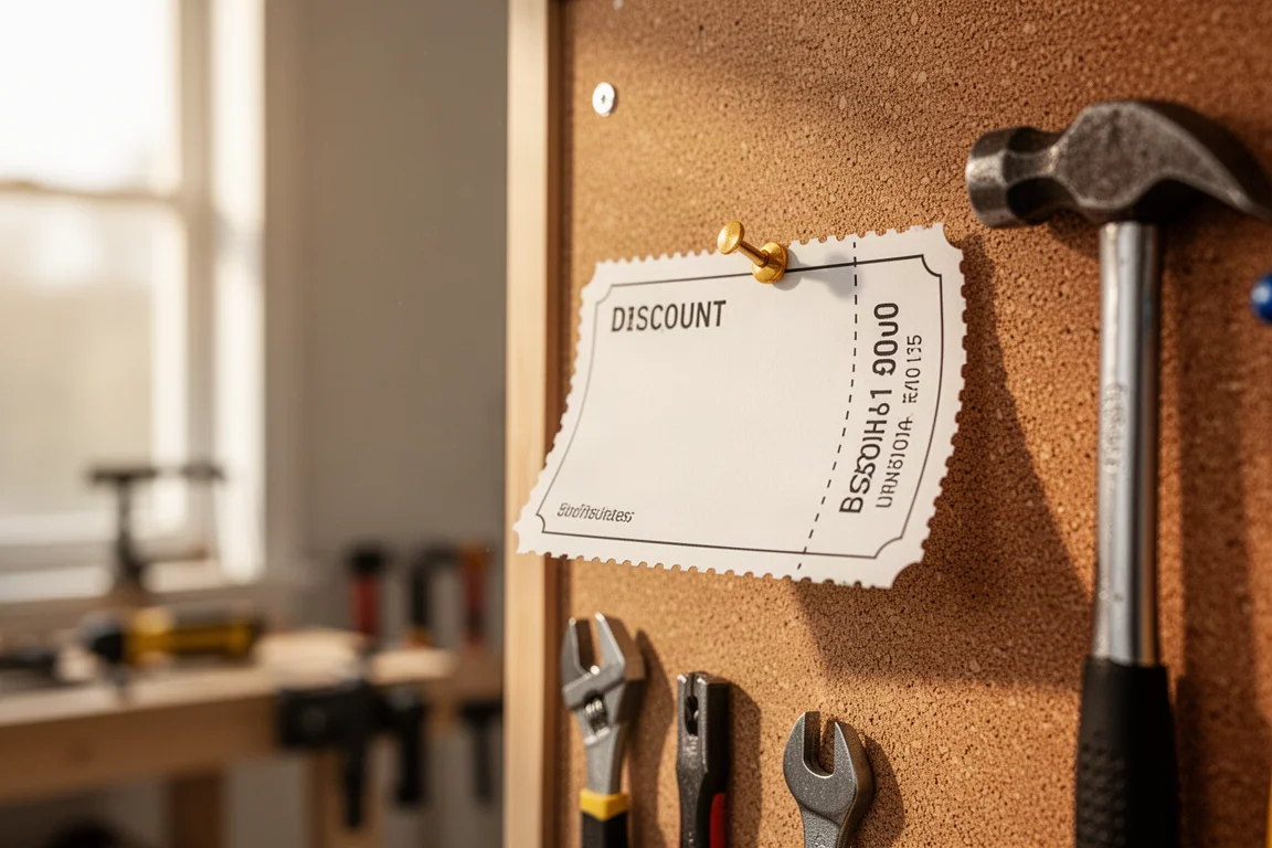 Banner di un coupon di sconto esposto su una bacheca in un'officina