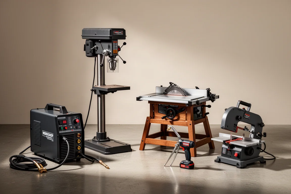 Workshop tools lineup including a welder, drill press, table saw, grease gun, and bandsaw on concrete