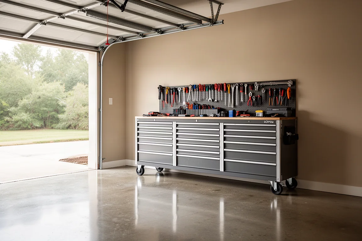 Rymlig garagverkstad med rullande verktygsskåp och organiserad förvaring
