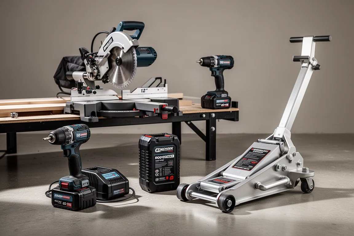 Miter saw, drill kit, large battery, and aluminum floor jack arranged in a workshop