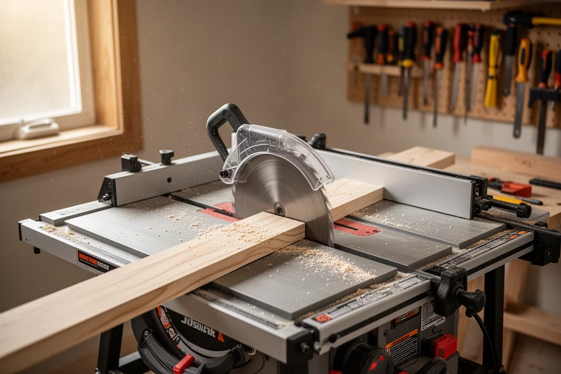 Scie à table d'atelier en pleine coupe avec de la sciure sur la surface