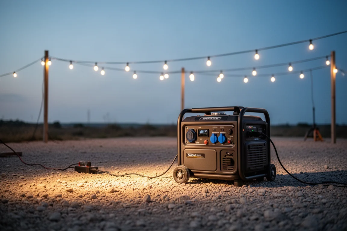 Générateur onduleur portable alimentant des lumières sur un chantier extérieur en soirée
