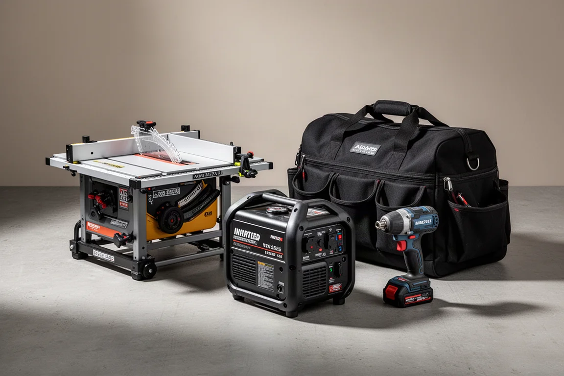 Collection of Harbor Freight style workshop tools including table saw, generator, tool bag and impact wrench on concrete