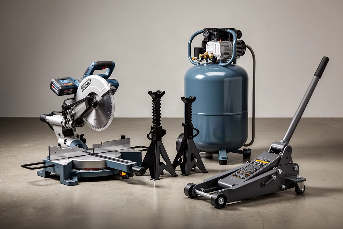 Assortment of garage tools including a miter saw, air compressor, jack stands, and floor jack on concrete