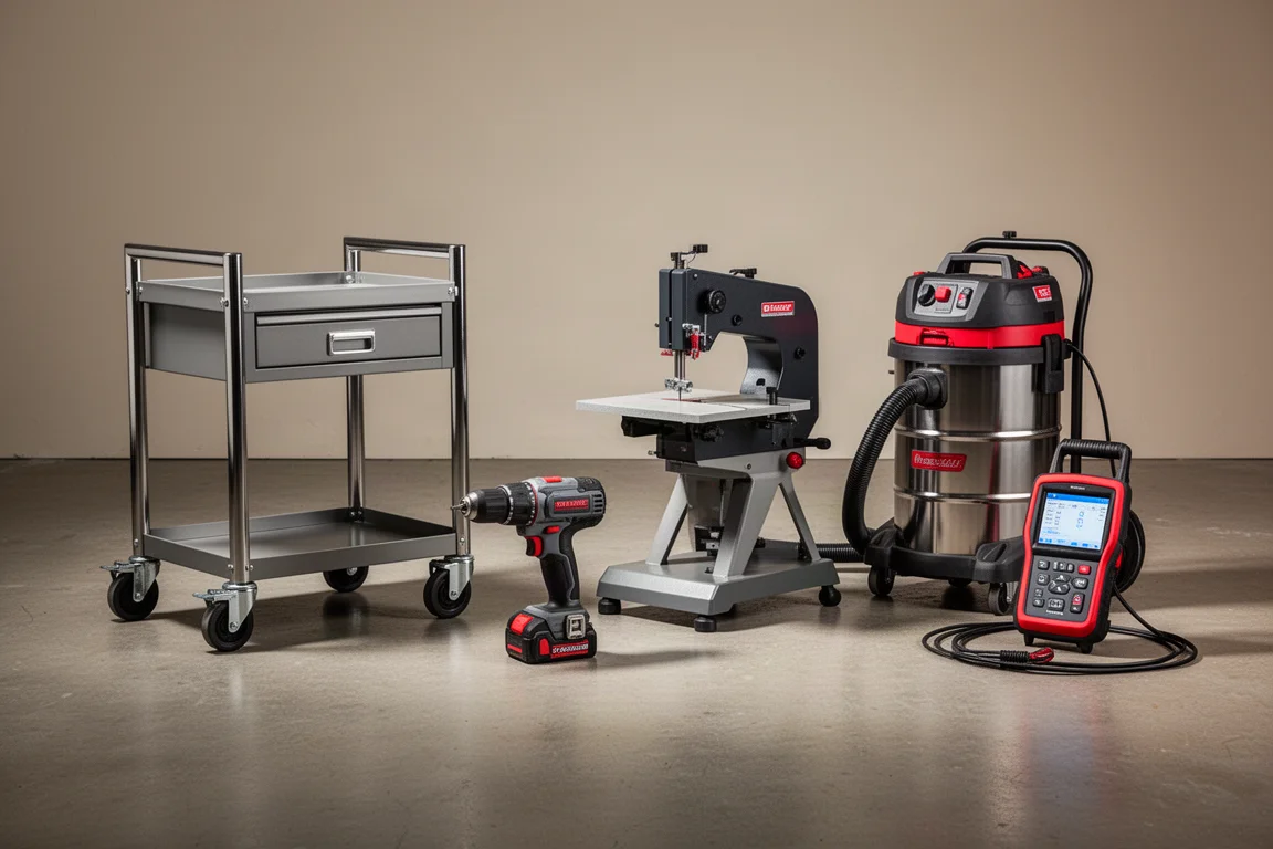 Assortment of new workshop tools including impact wrenches and a torque wrench on concrete