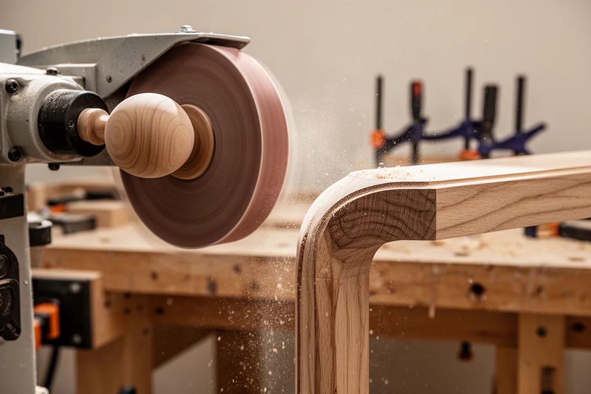 Oscillating spindle sander smoothing a curved wooden workpiece in a home workshop