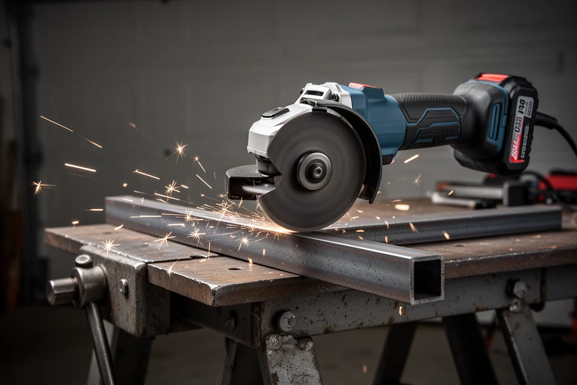 Cordless angle grinder cutting metal with bright sparks in a dim workshop