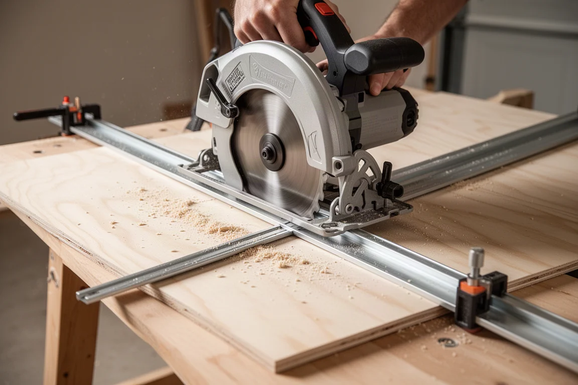 Circular saw riding a clamping edge guide to make a straight cut on plywood