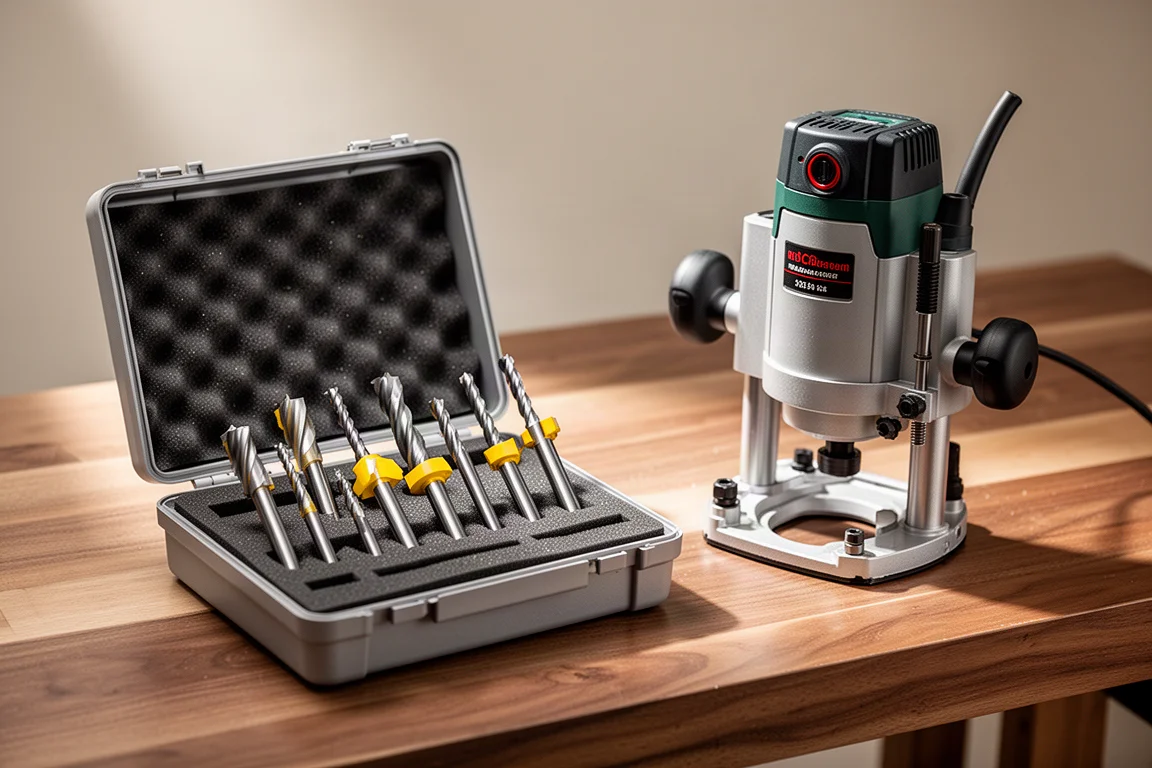 Router bit set laid out in a foam-lined case next to a fixed-base router
