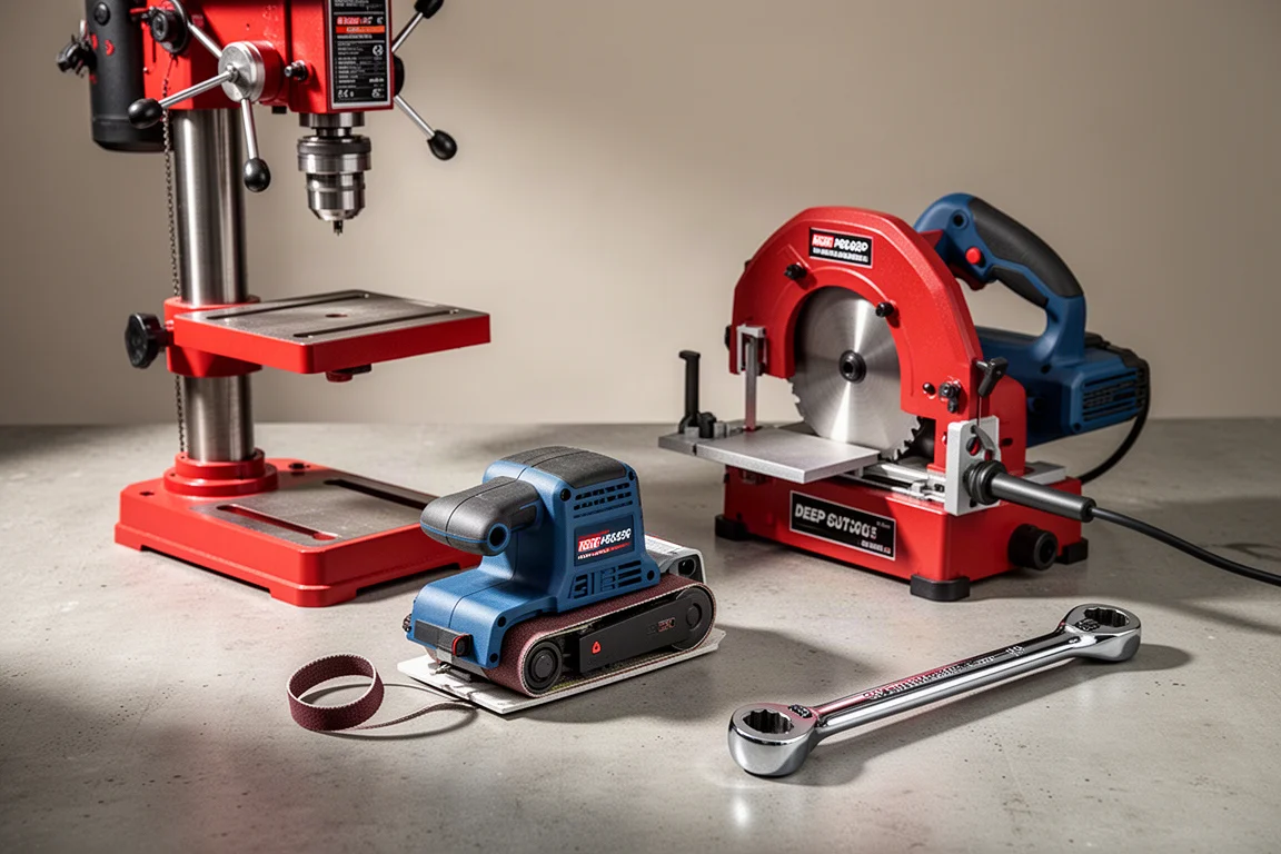 Workshop tools including a drill press, belt sander, band saw, and torque wrench arranged on concrete