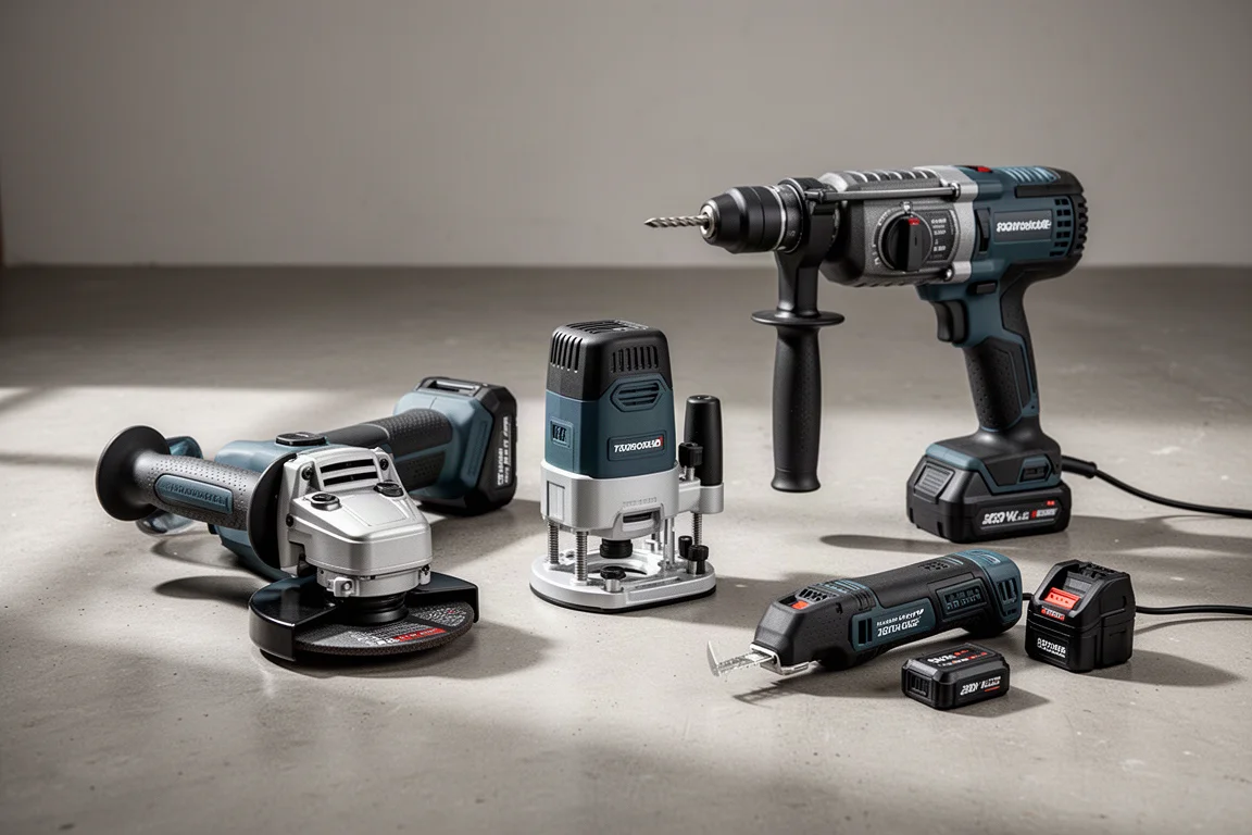 Assortment of new cordless power tools arranged on a concrete workshop floor