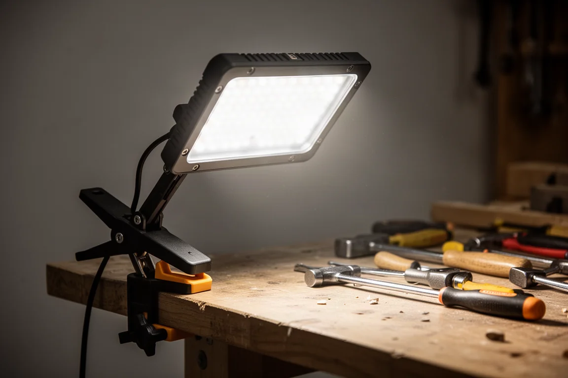Lampa zaciskowa LED przymocowana do krawędzi stołu warsztatowego, oświetlająca jasnym światłem obszar pracy
