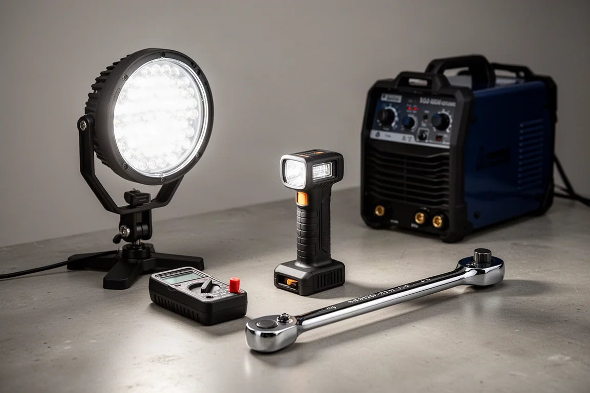Workshop tools including clamp light, spotlight, multimeter, ratchet, and welder on concrete surface