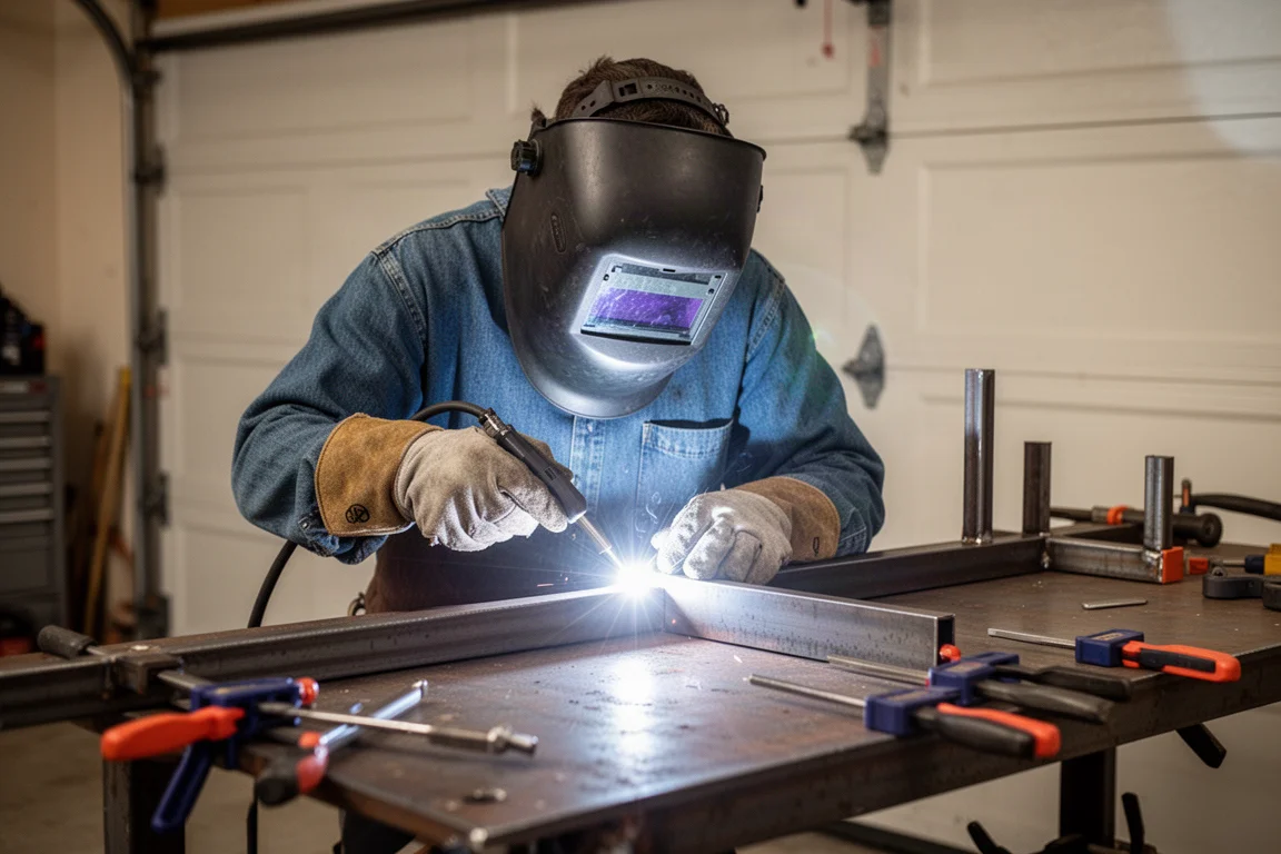 Welder working in a garage workshop with bright sparks and good ventilation