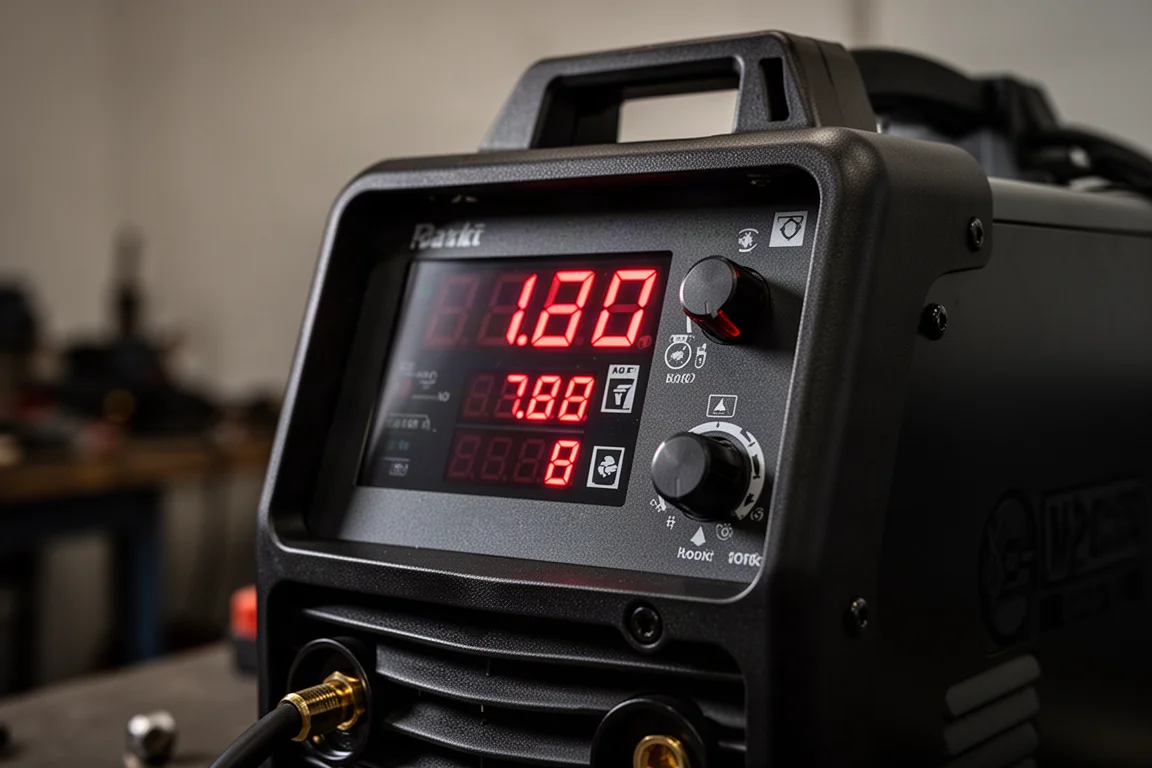 Close-up of a large digital display panel on a compact welding machine