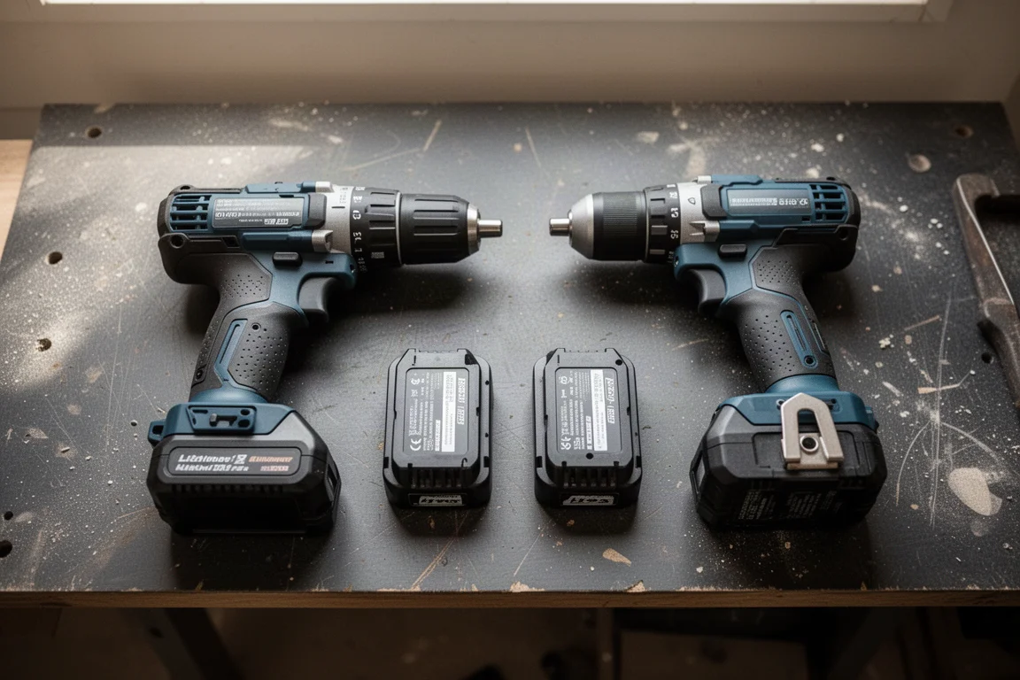 Two cordless power tools, batteries, and charger laid out on a workshop bench