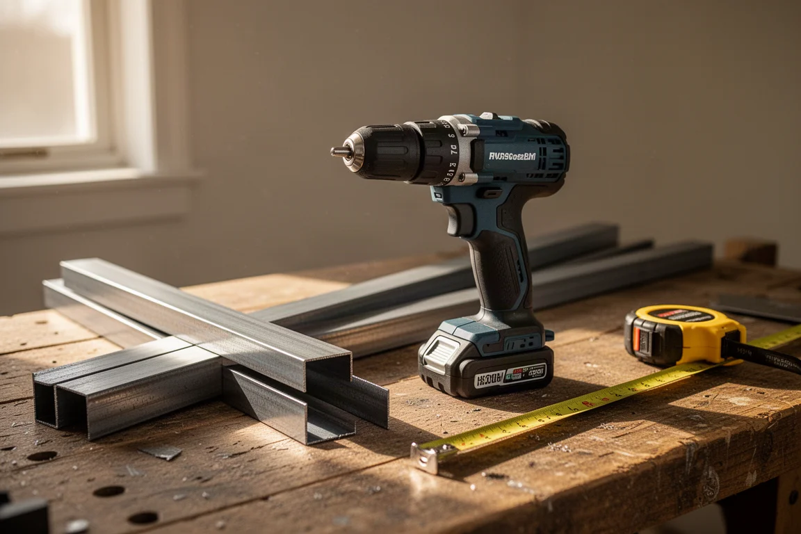 Cordless drill driver resting on a workbench beside cut steel stock