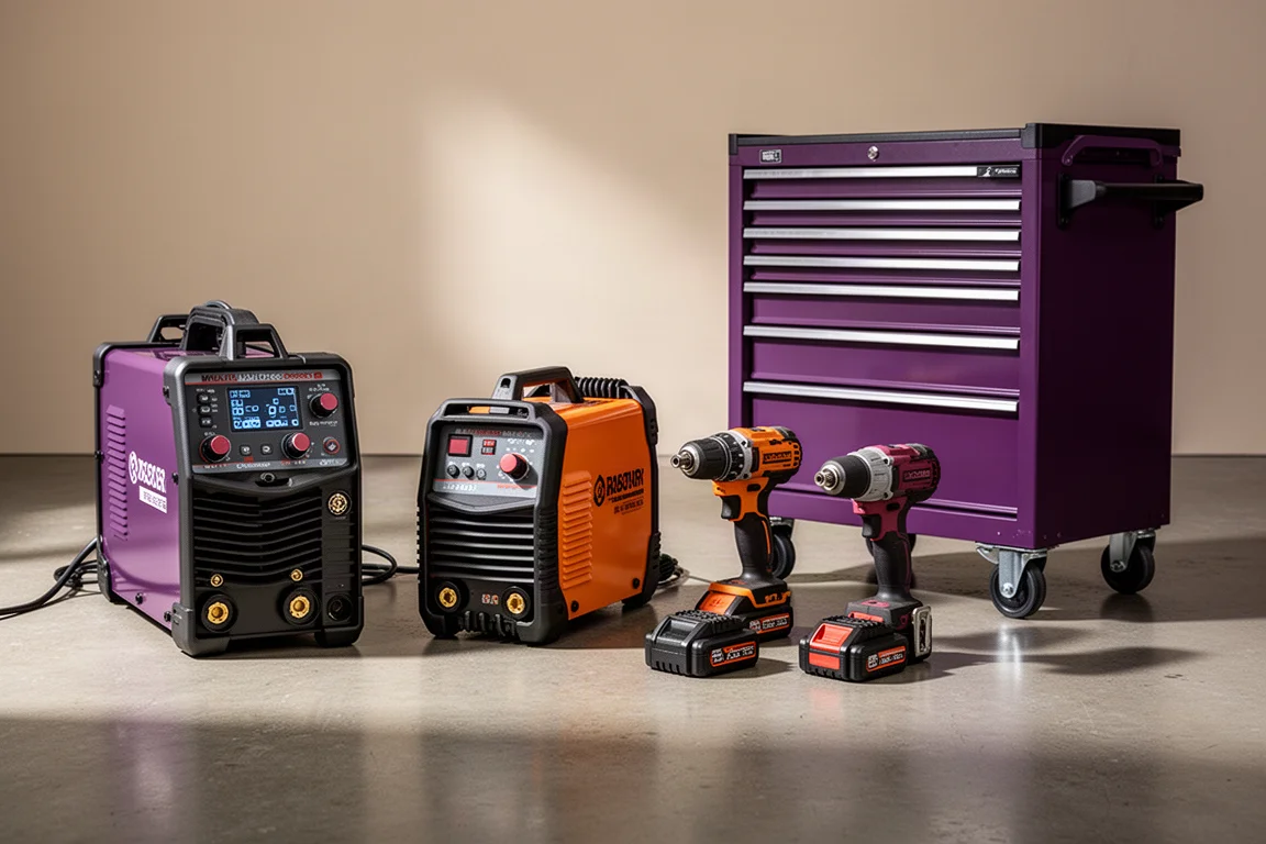 New welding machines and cordless power tool kits lined up on a concrete workshop floor