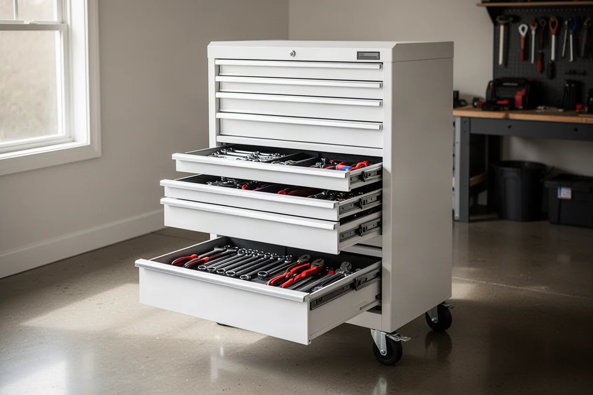 White steel tool cabinet with drawers open in a tidy home workshop