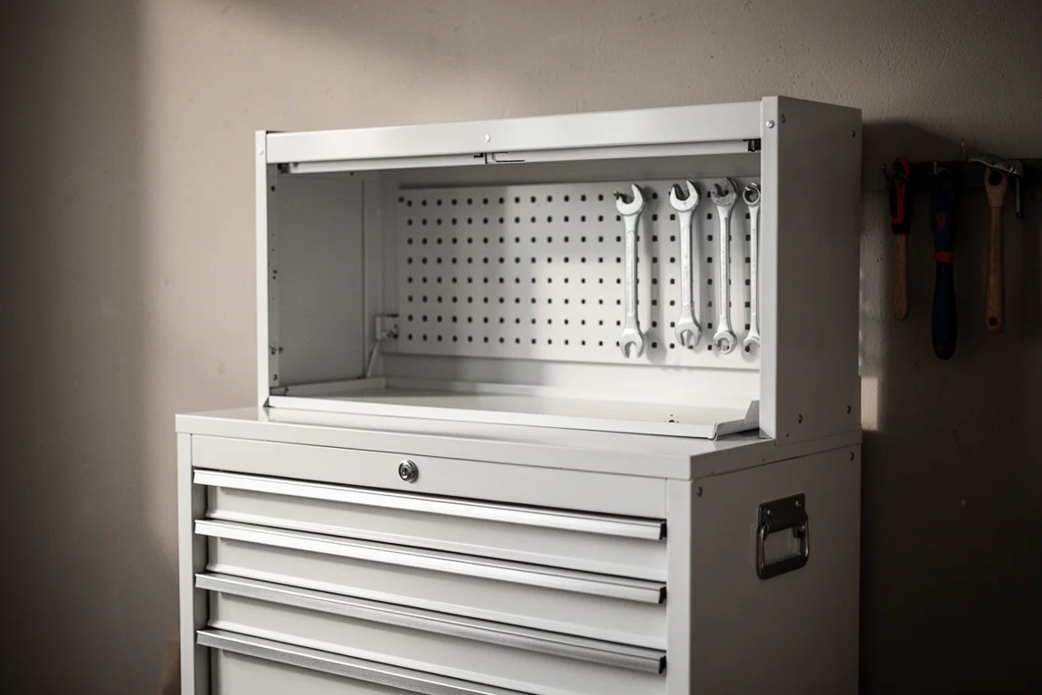 Tool chest with hutch and slot wall panel in a home workshop