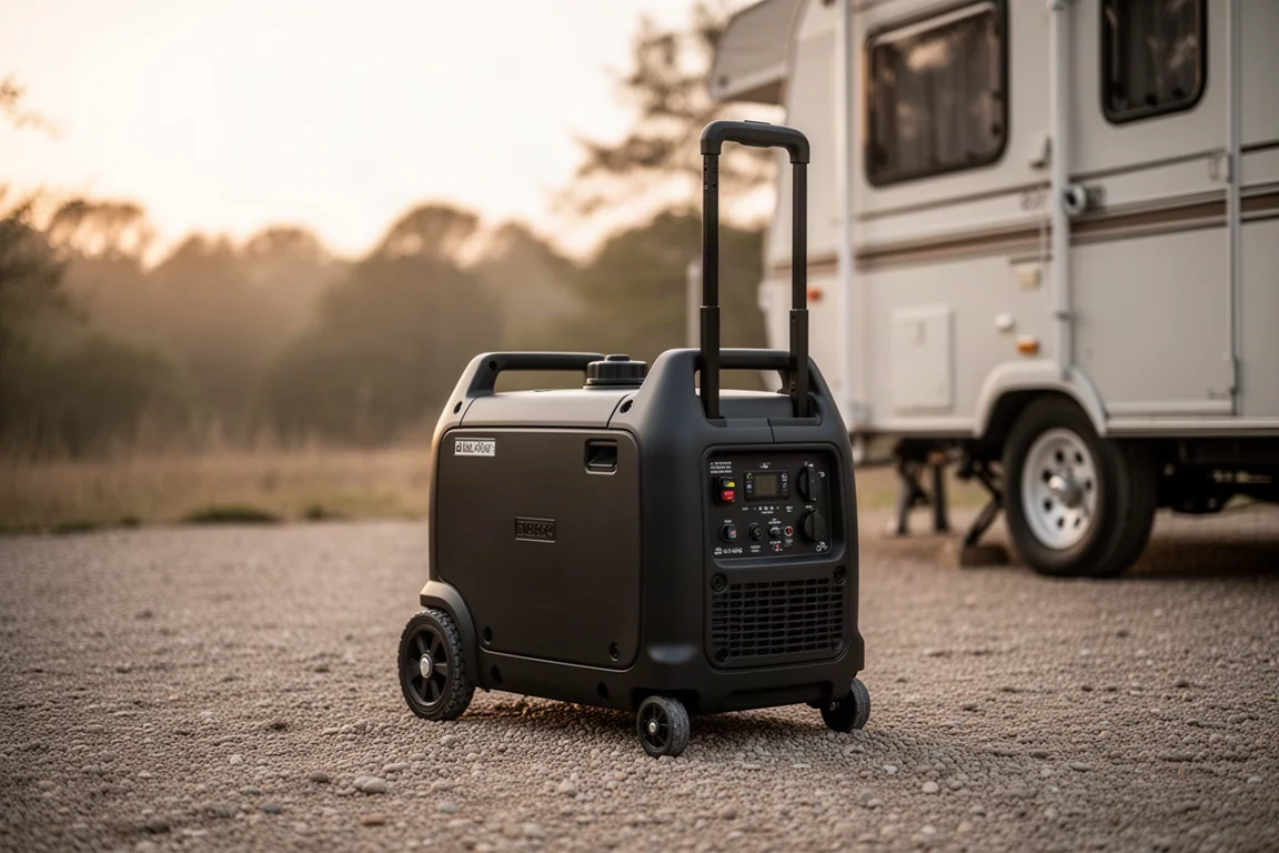 Portable dual fuel generator with wheels and luggage handle outdoors