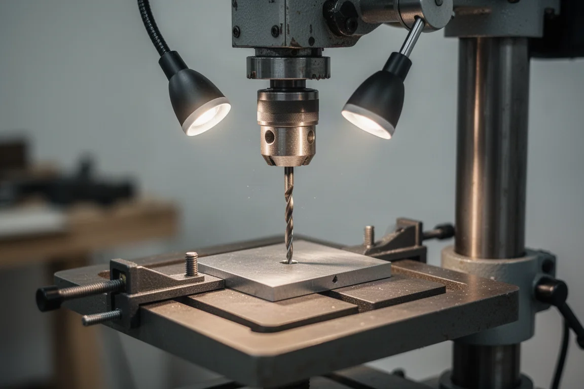 Benchtop drill press drilling a clean hole in a metal workpiece