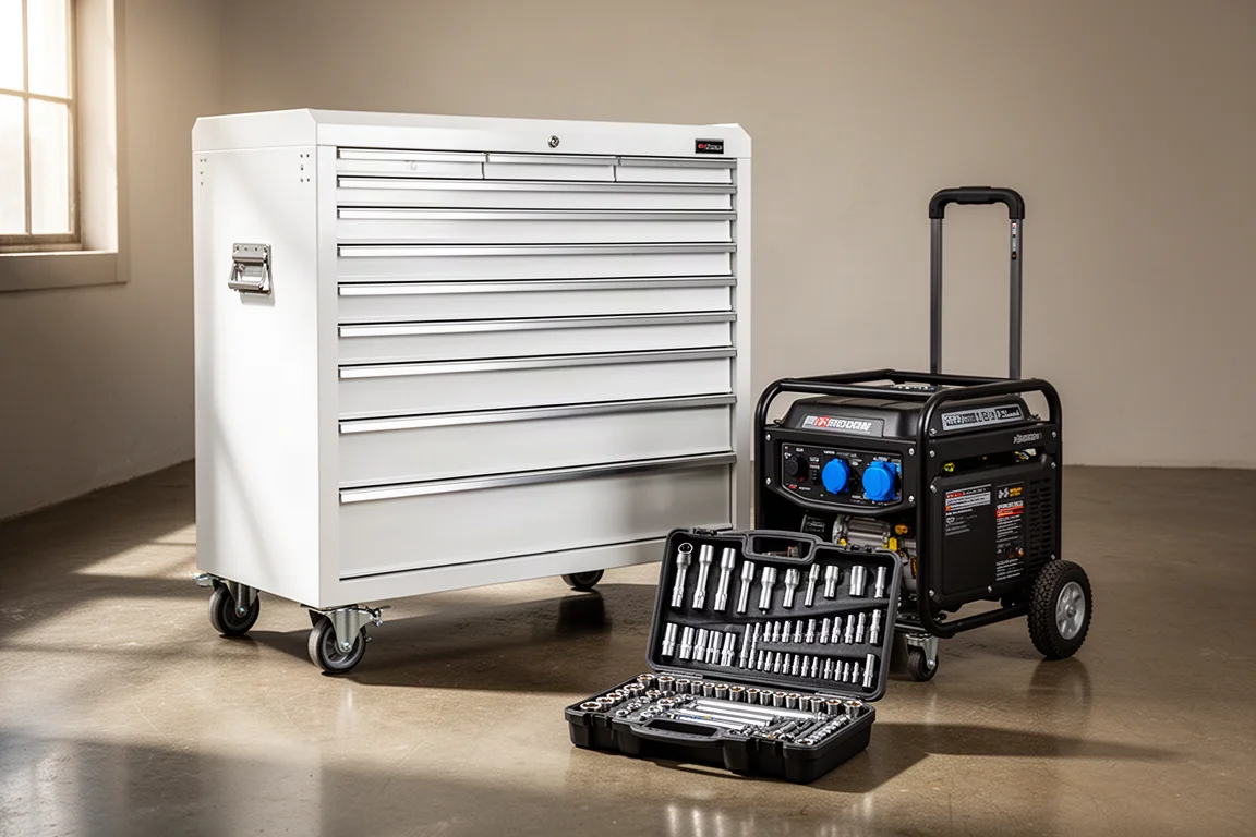 White tool cabinet, portable generator, and open socket set arranged in a workshop