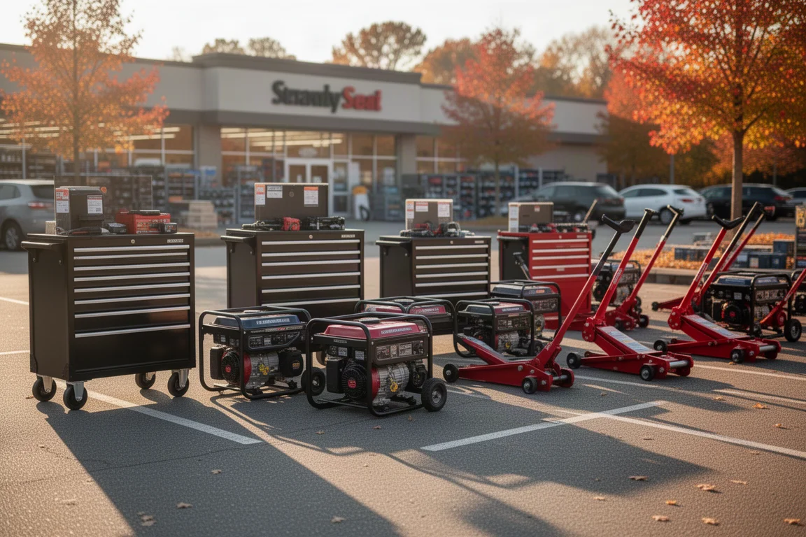 Rows of tool cabinets and generators lined up outside a hardware store on an autumn morning