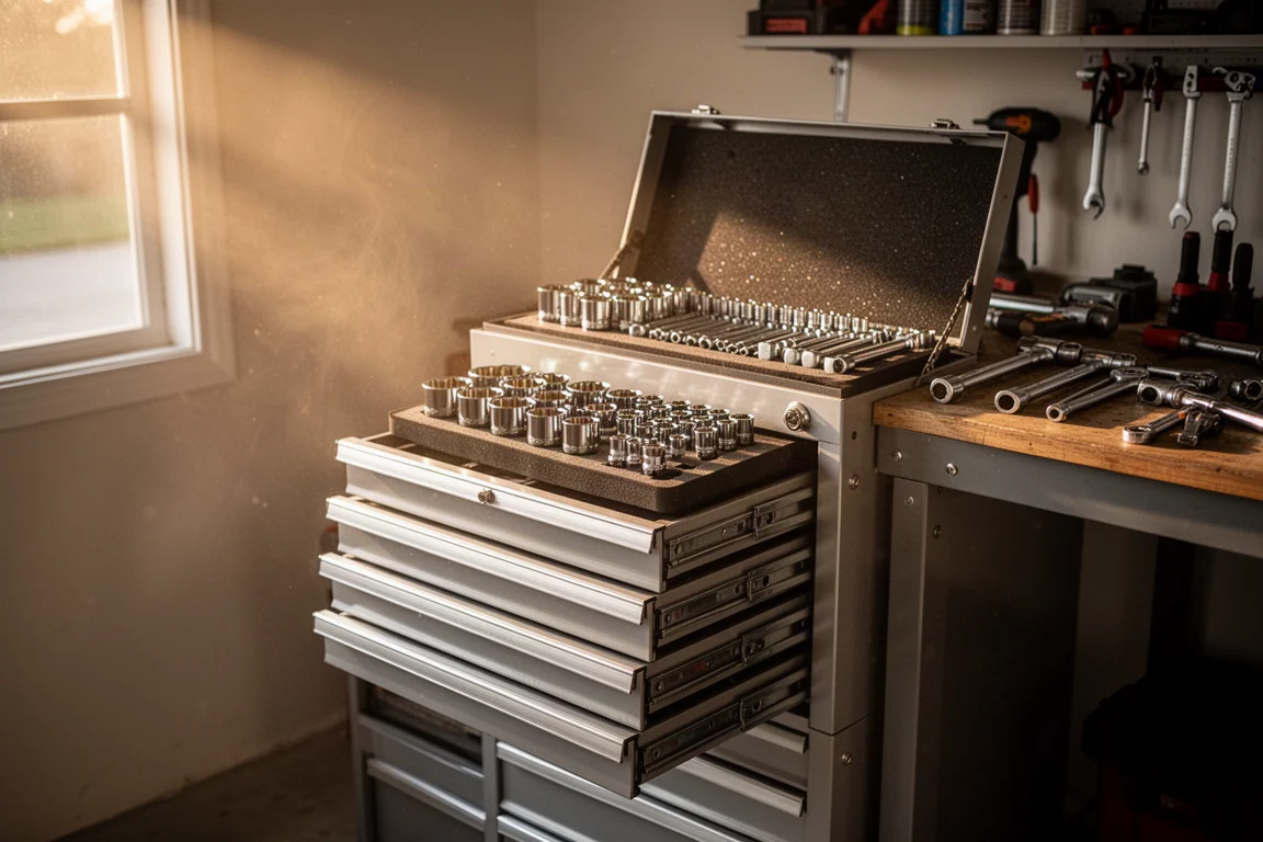 Open tool cabinet drawers with foam socket trays in a warm home garage workshop