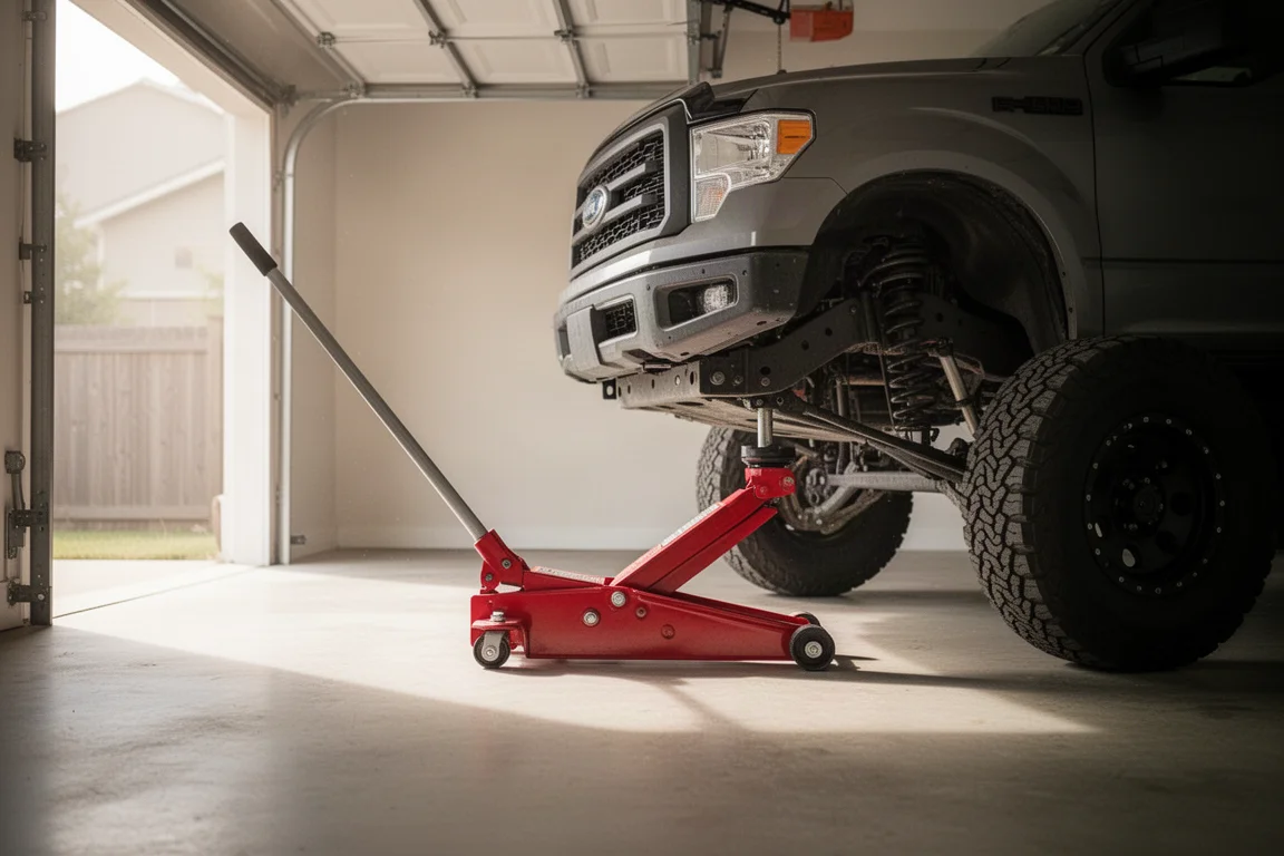 Low profile floor jack lifting the front of a pickup truck in a home garage
