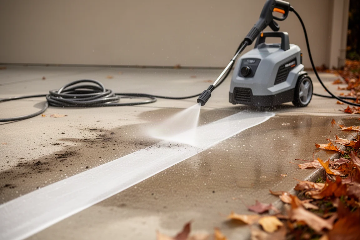 Electric pressure washer spraying a clean stripe across a driveway in autumn