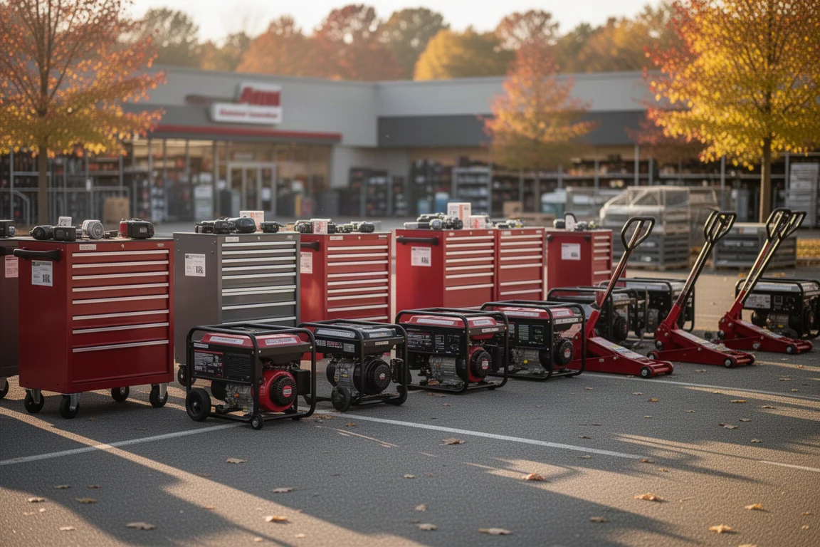 Rolling tool cabinets, generators, and floor jacks lined up in a hardware store parking lot on an autumn morning