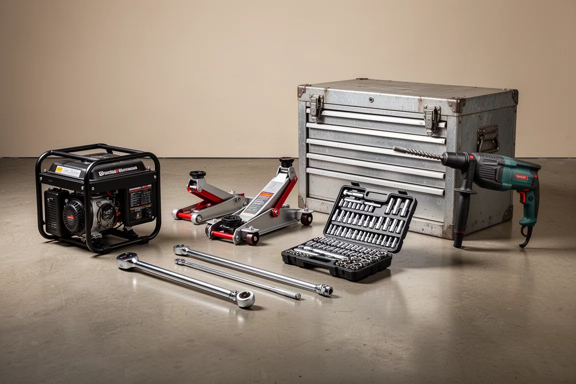 Six workshop tools including a generator, floor jack, torque wrench, socket set, tool chest, and rotary hammer on concrete