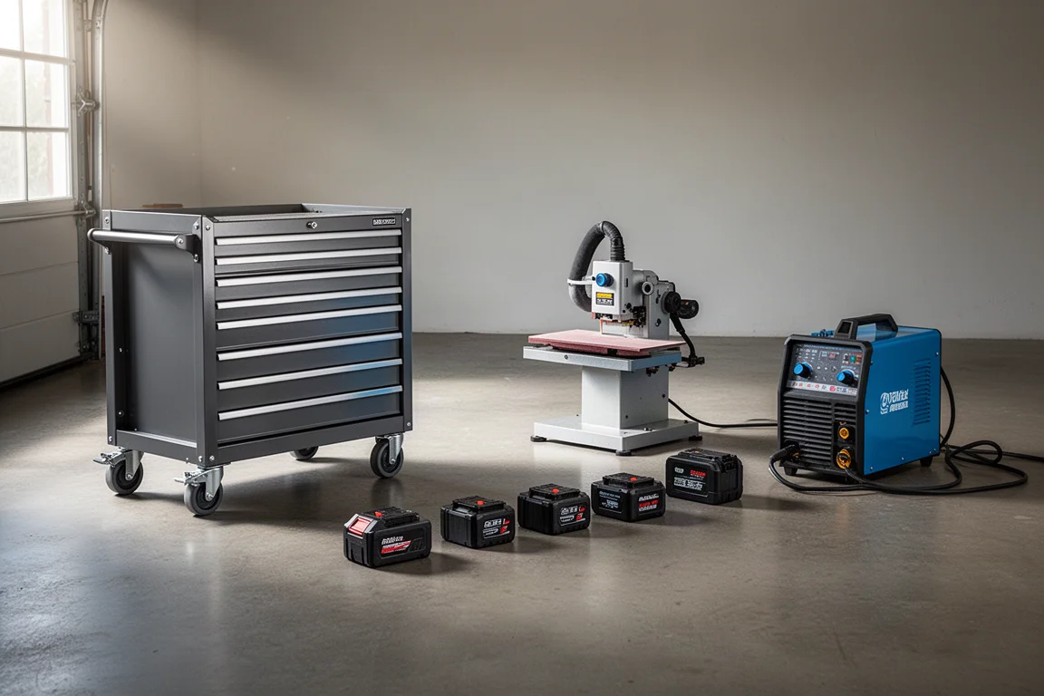 Tool cart, spindle sander, battery packs, and welder arranged on a concrete garage floor