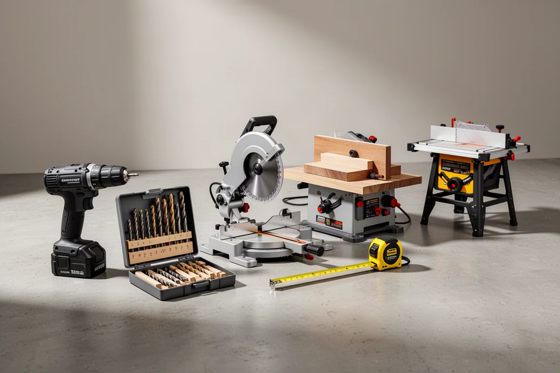 Six budget workshop tools including a drill, miter saw, planer, and table saw on a concrete surface