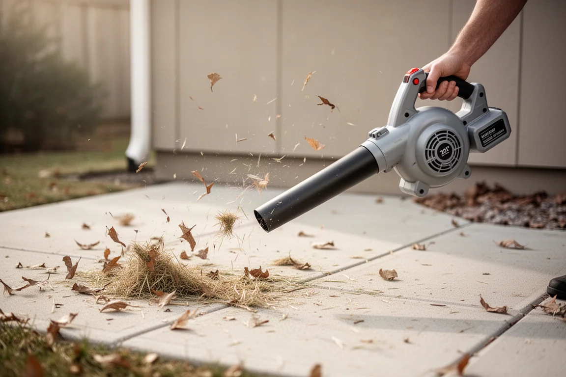 Handheld cordless blower clearing dry leaves from a concrete patio in morning light