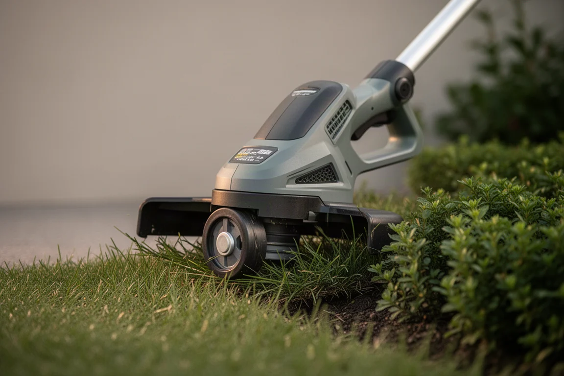 String trimmer being flipped on its side to edge a lawn along a garden bed