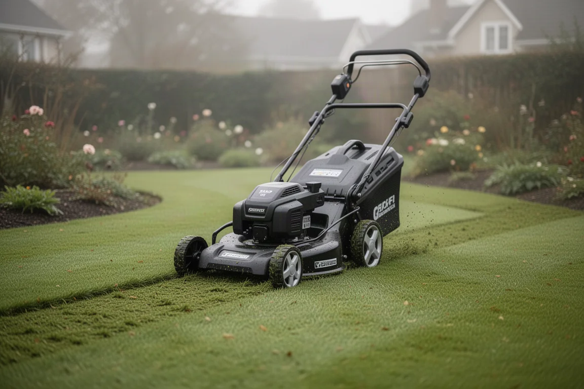 Self-propelled cordless lawn mower cutting grass across a modest suburban lawn