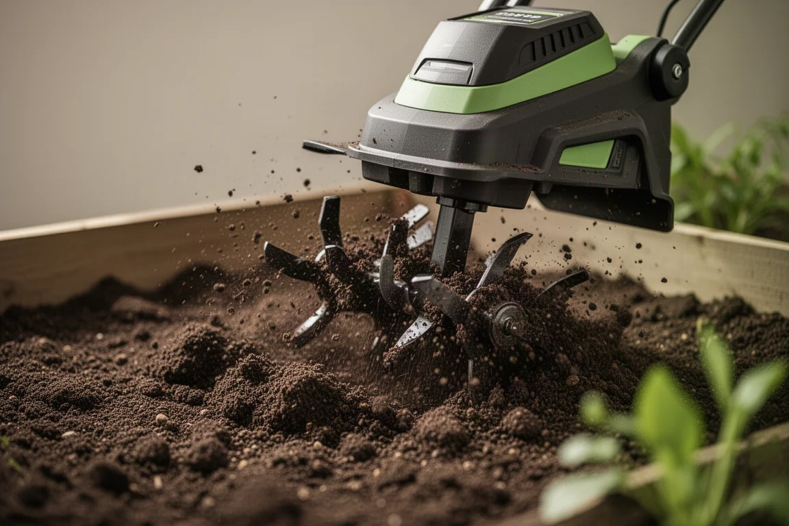 Cordless cultivator tilling loose soil in a small raised garden bed
