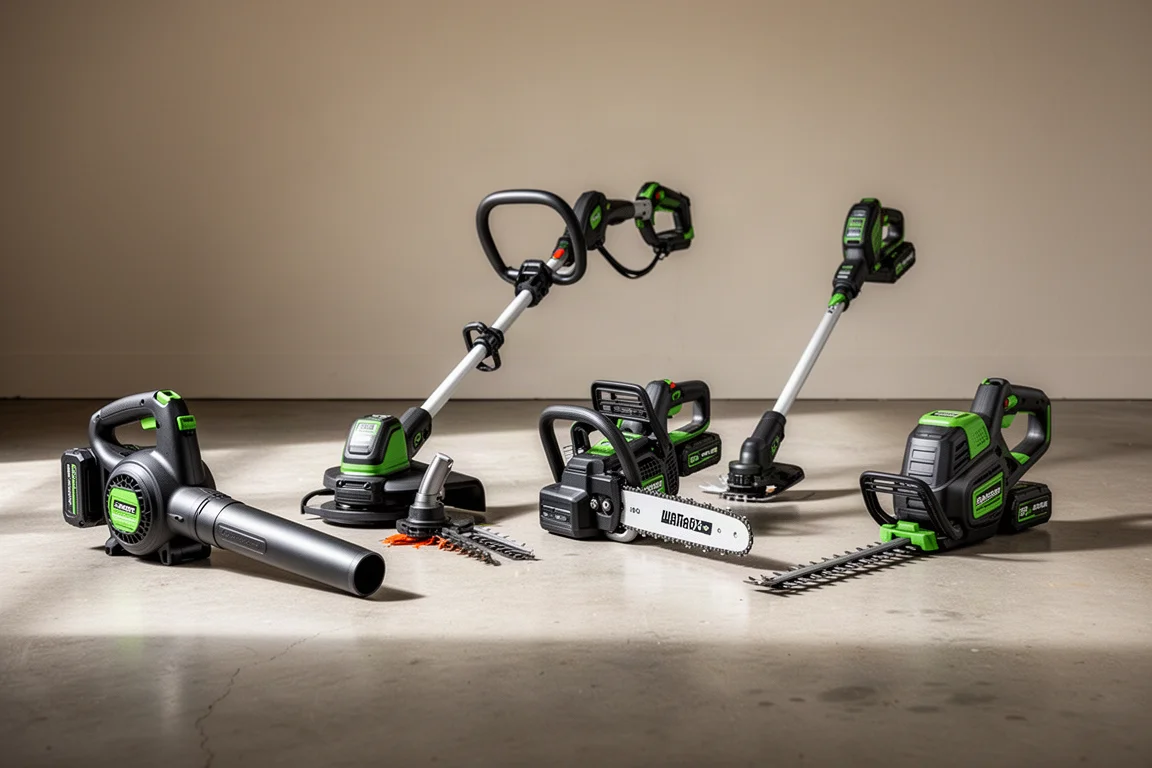 Lineup of cordless outdoor power tools including blower, trimmer, chainsaw, pole saw and hedge trimmer on concrete
