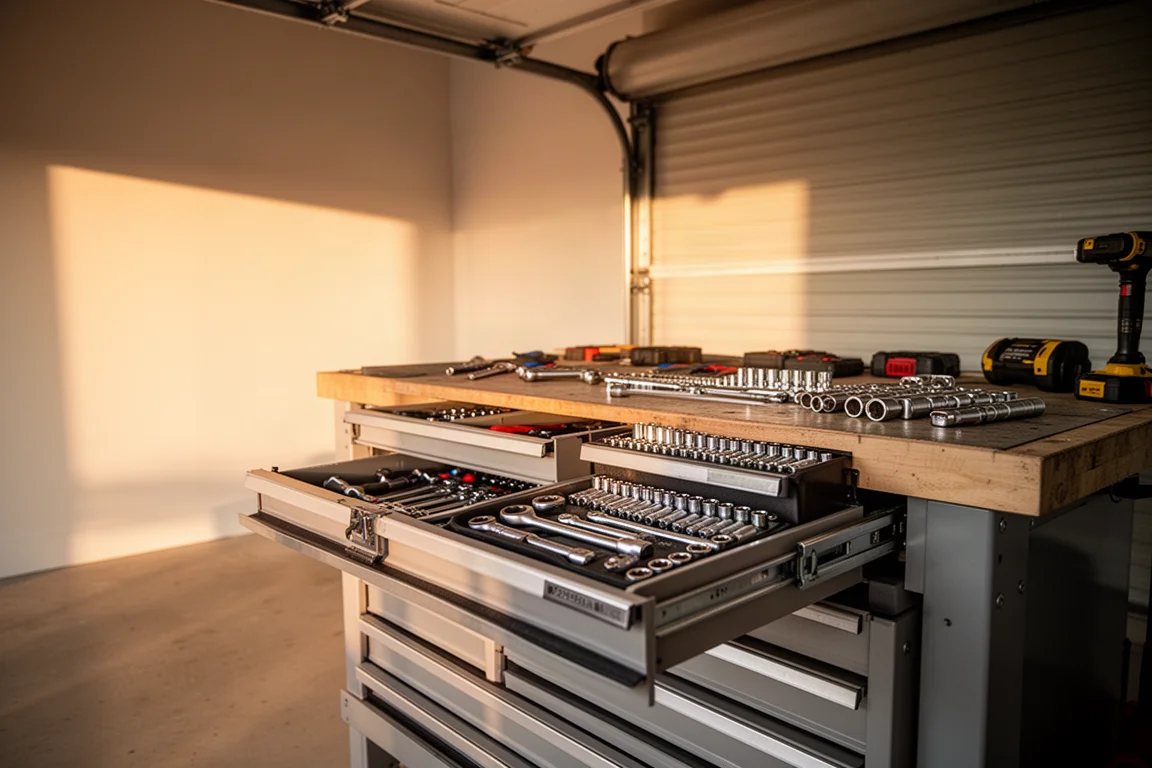 Werkbank in der Garage mit ordentlichem Werkzeuglager und warmem Licht