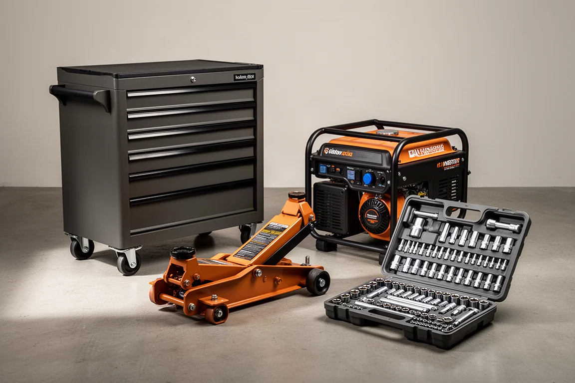 Rolling tool cabinet, inverter generator, floor jack and socket set arranged on a concrete floor